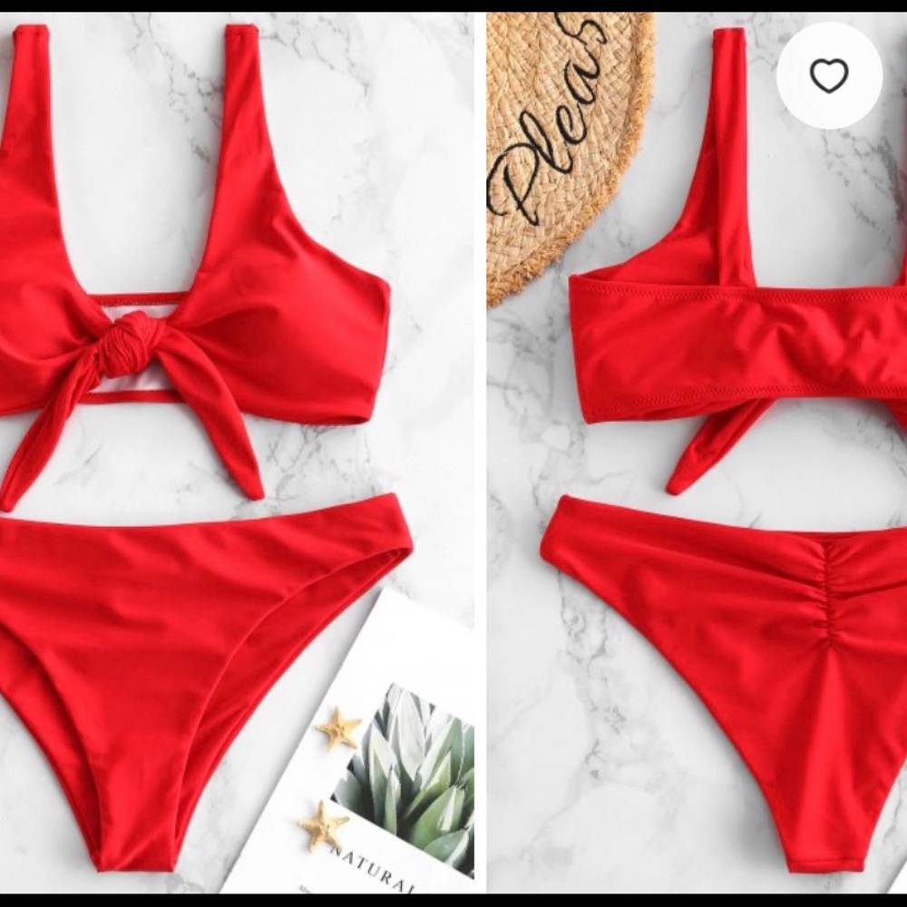 ZAFUL Plunge Front Knot Bikini Set - Lava Red